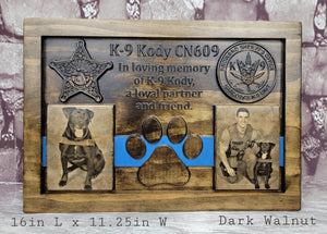 Customizable K9 And Handler Police Officer Law Enforcement Memorial Plaque With Photos And A Painted Blue Line