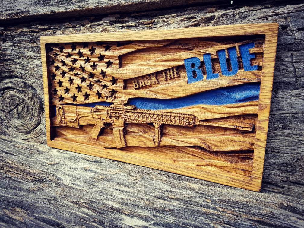 Back The Blue American Flag With AR-15 Rifle