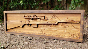 Hunting Rifle With Bear And Mountain Scene