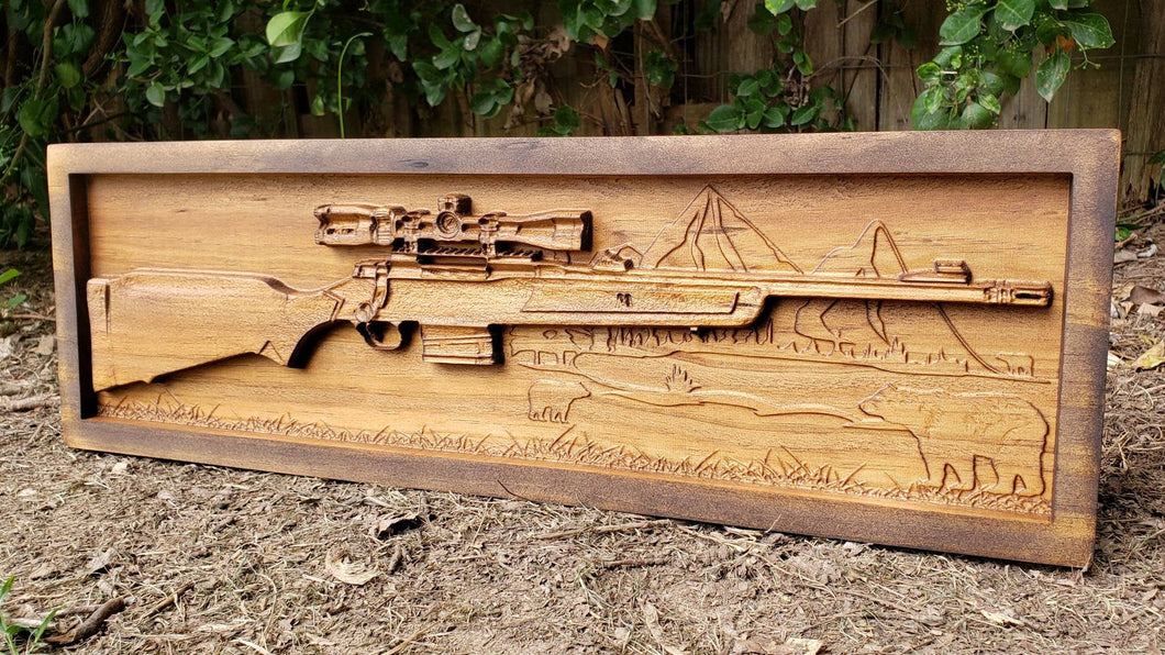 Hunting Rifle With Bear And Mountain Scene