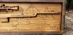 Hunting Rifle With Bear And Mountain Scene